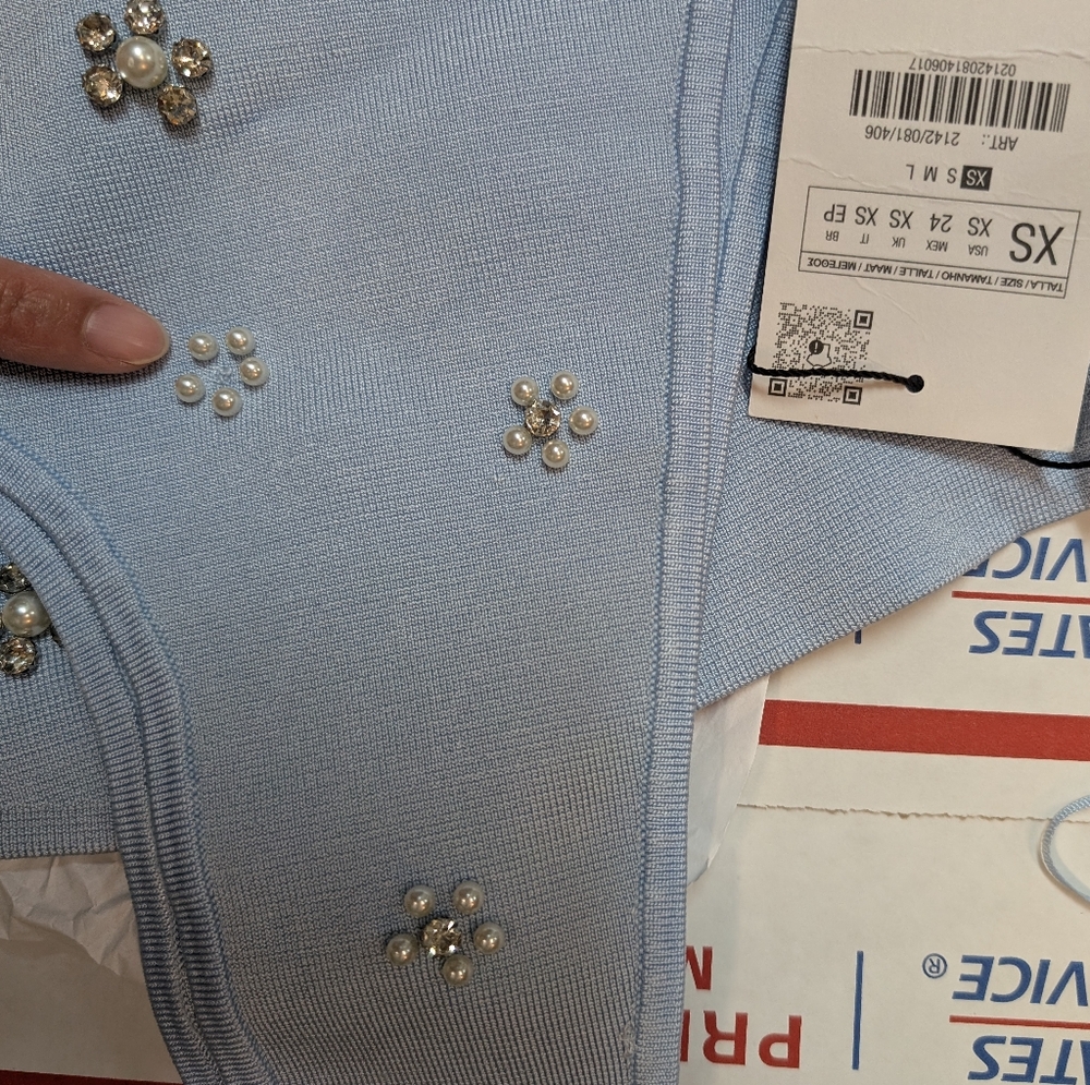Zara BEADED PEARL JEWEL KNIT MINI DRESS Light Blue 2142/081 S M L NWT - Picture 13 of 13